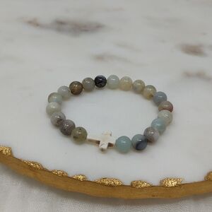 Elegant Amazonite Stone Beaded Bracelet with Cross Charm